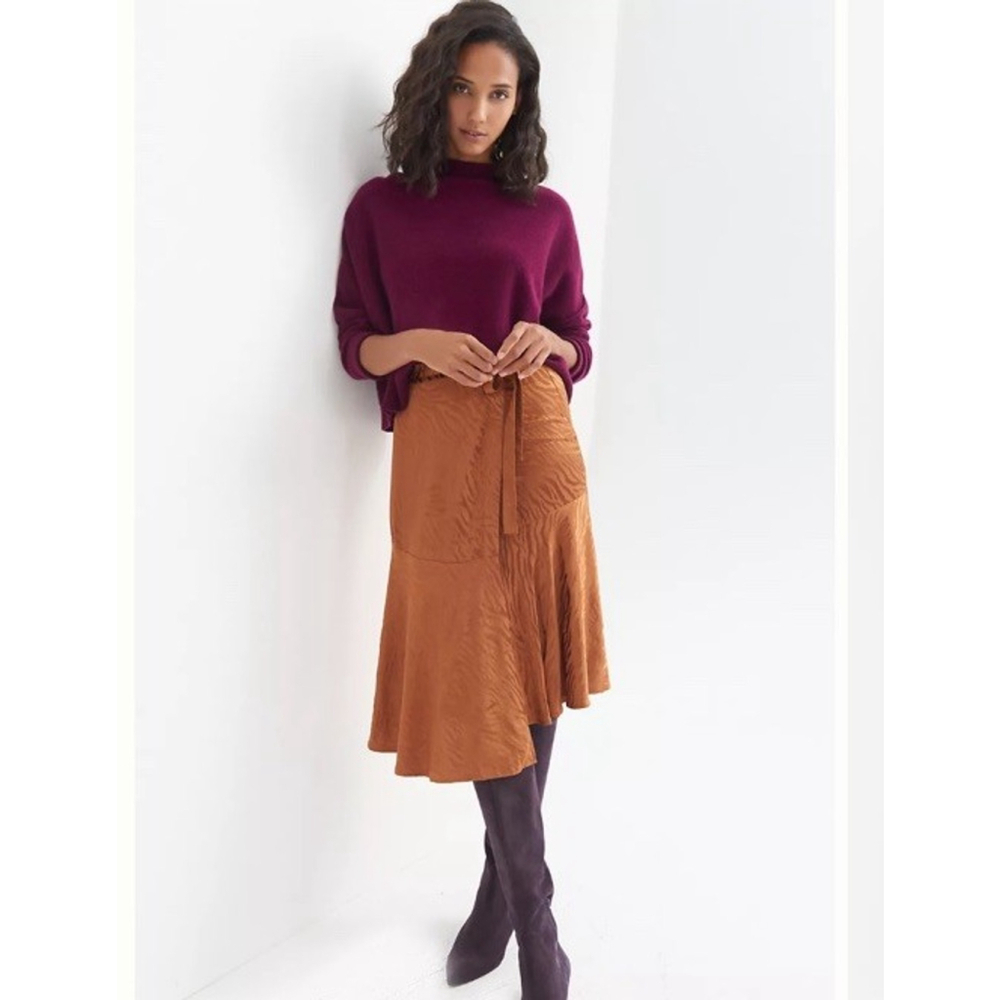 Anthropologie Maeve Tamra Jacquard Midi Skirt Faux Wrap Copper Brown 6 NWOT